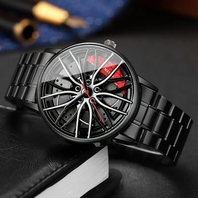 Stylish Wheel Rim Dial, Black Alloy Band