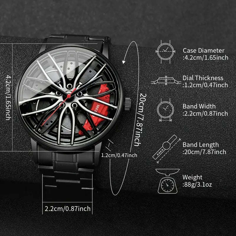 Stylish Wheel Rim Dial, Black Alloy Band