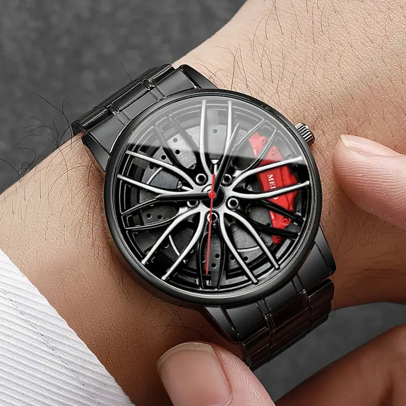 Stylish Wheel Rim Dial, Black Alloy Band