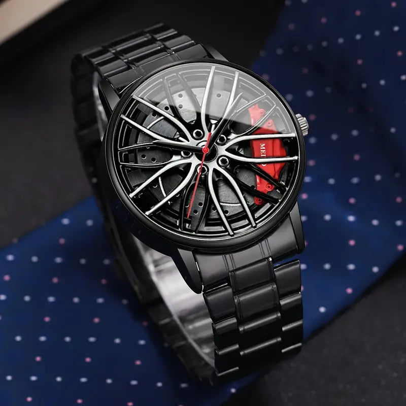 Stylish Wheel Rim Dial, Black Alloy Band